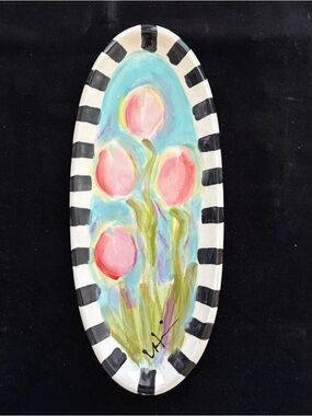 Handmade Ceramic Serving Tray Pink Tulips On Aqua” 12” x5.5” Original